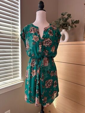 DR2 Teal Green Floral Drawstring Mini Dress